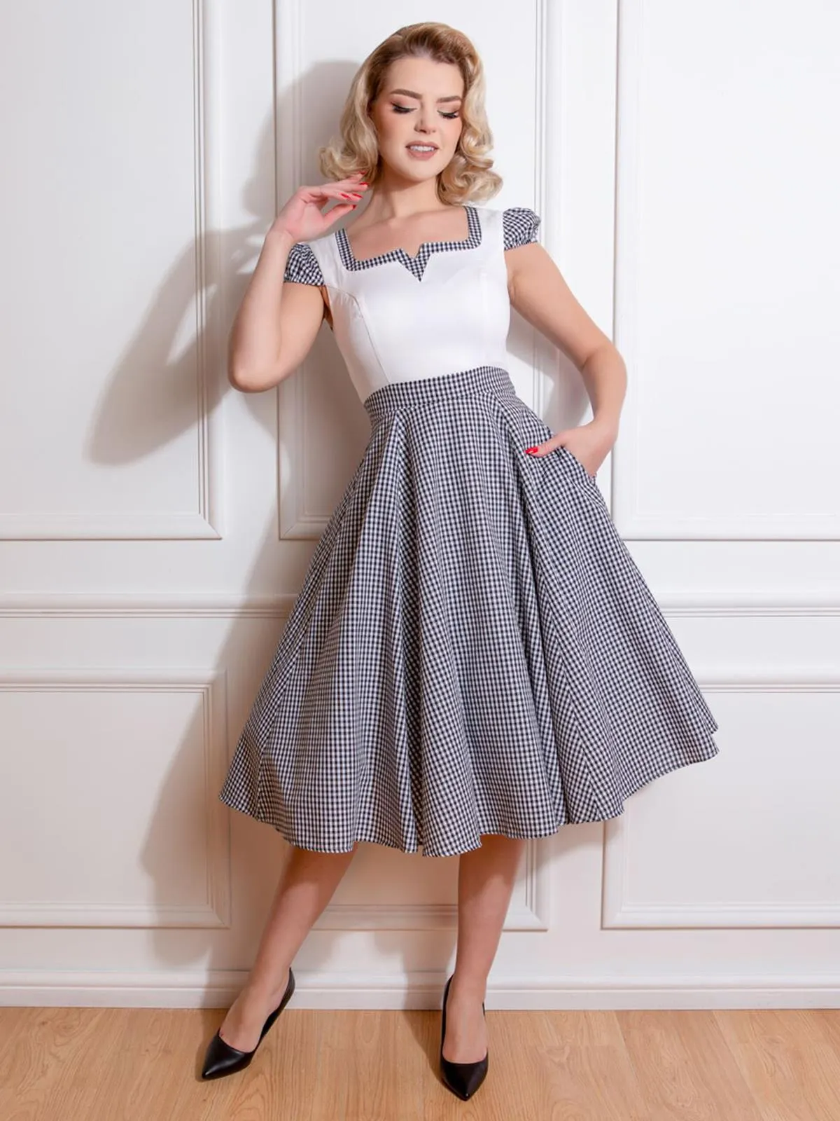 Black & White Gingham Contrast Vintage Style Swing Dress