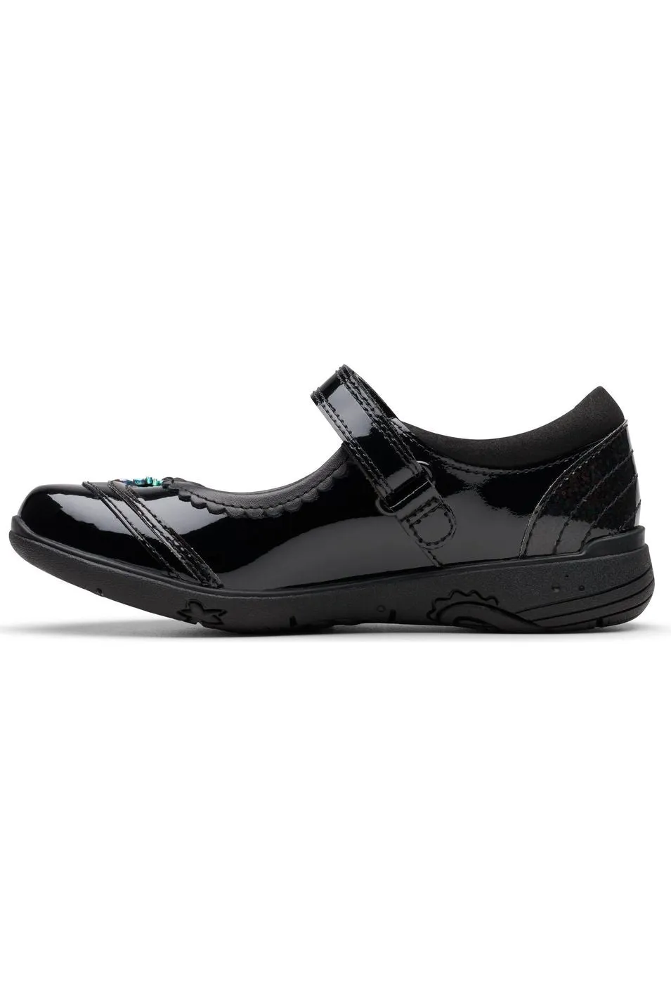 Clarks Relda Spark black patent school shoe