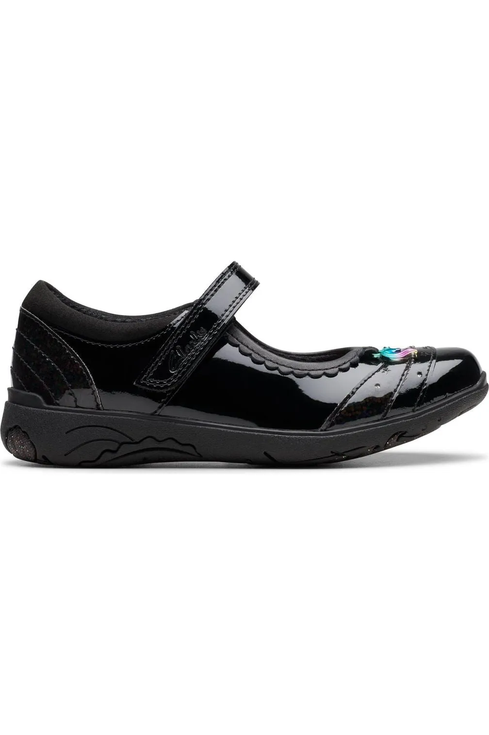 Clarks Relda Spark black patent school shoe